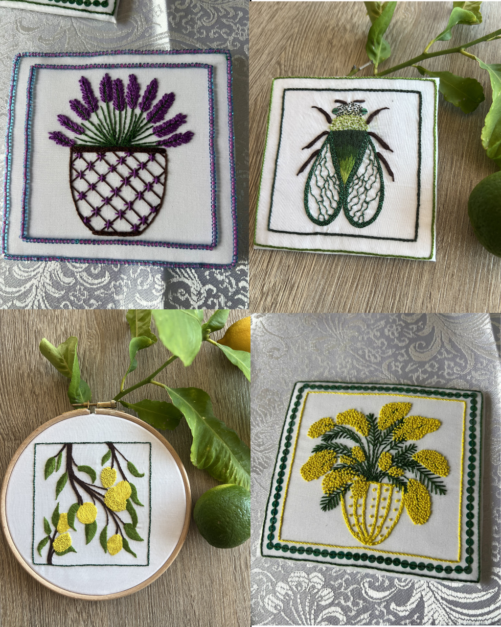 Pack Provence Faïença, 4 motifs de broderie PDF : Mimosa, Cigale, Citron, Lavande