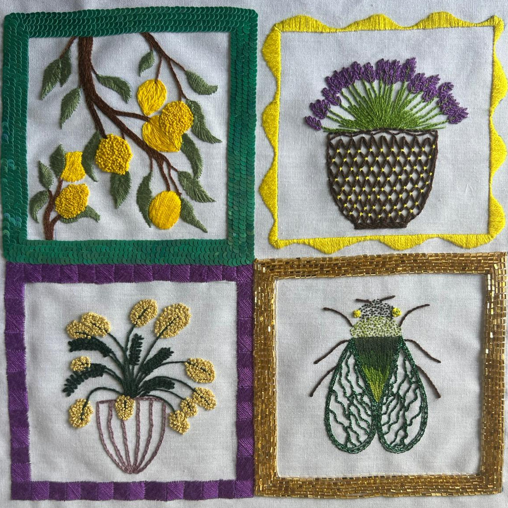 Pack 4 motifs broderie Provence PDF - Mimosa, Cigale, Citron, Lavande Faïença